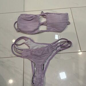 Lavender Ribbed Bikini Set | Bandeau Top & Strappy Thong Bottom | Small
